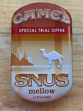 collectible metal tin Camel SNUS Mellow embossed camel logo desert scene.